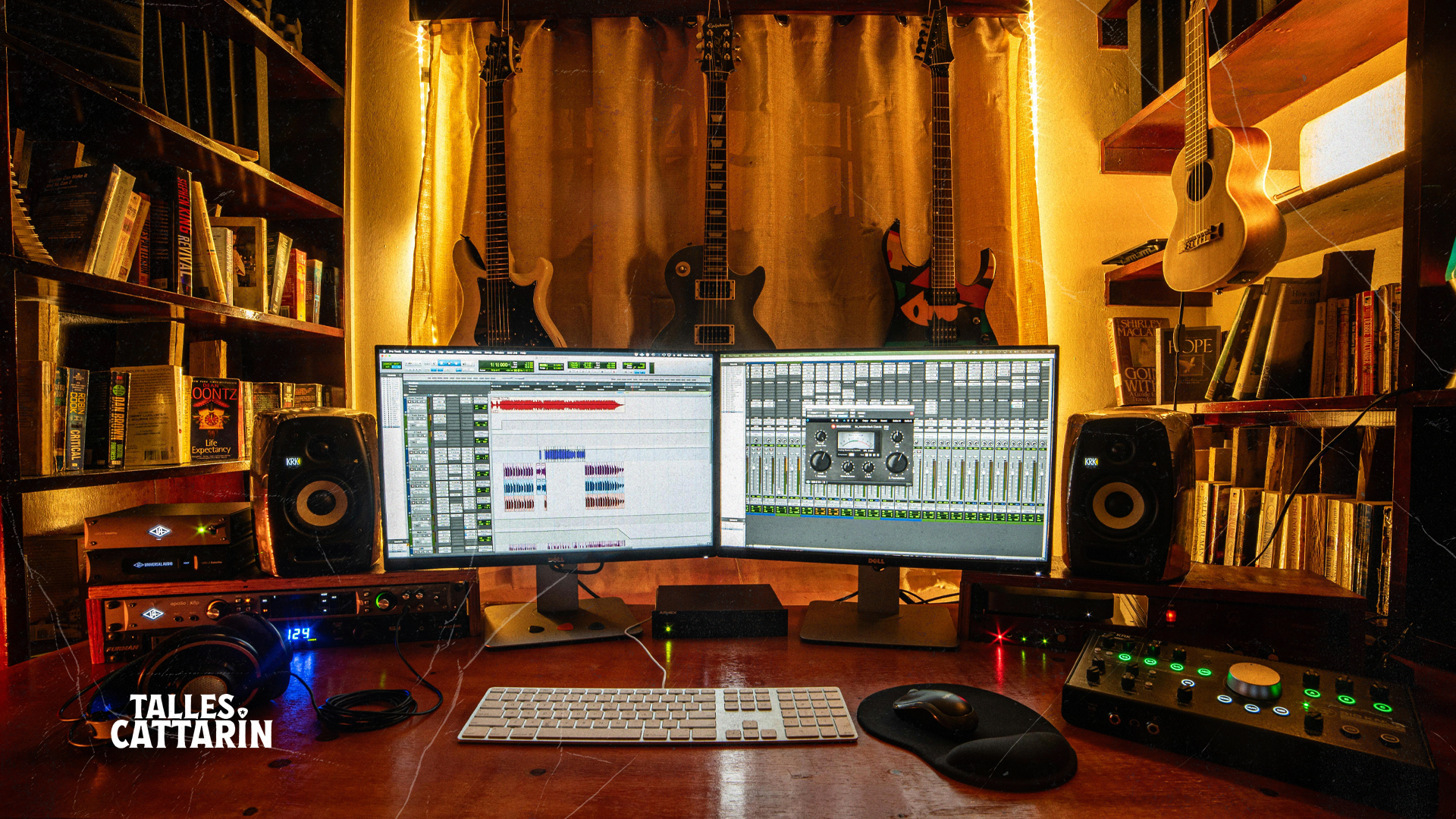 My studio! Showing two monitors, music instruments and all.